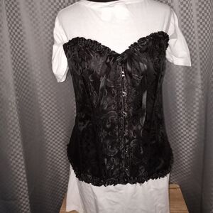 Elegant, black strapless jaquard satin corset with ruffled trim